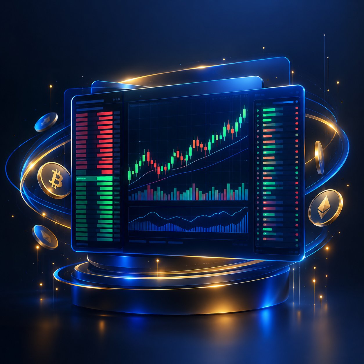 Futuristic trading interface with an order book and crypto charts