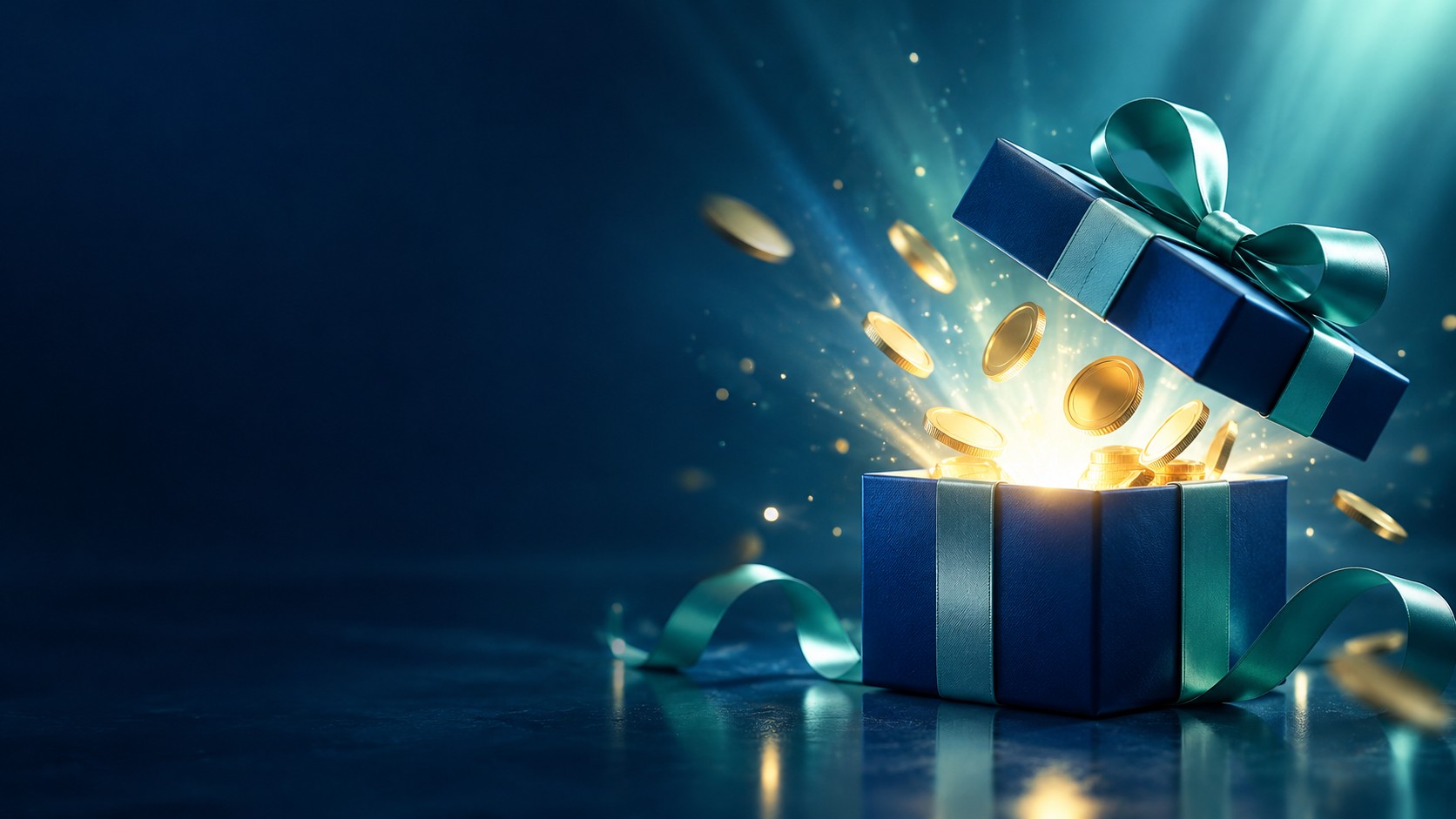 Gift box opening with coins and light